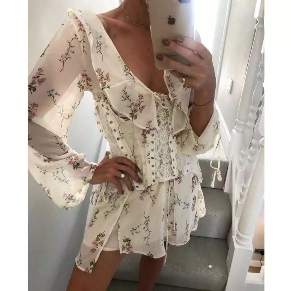 Corset dress lace up floral womens 2PCSet sexy - Picture 10 of 11